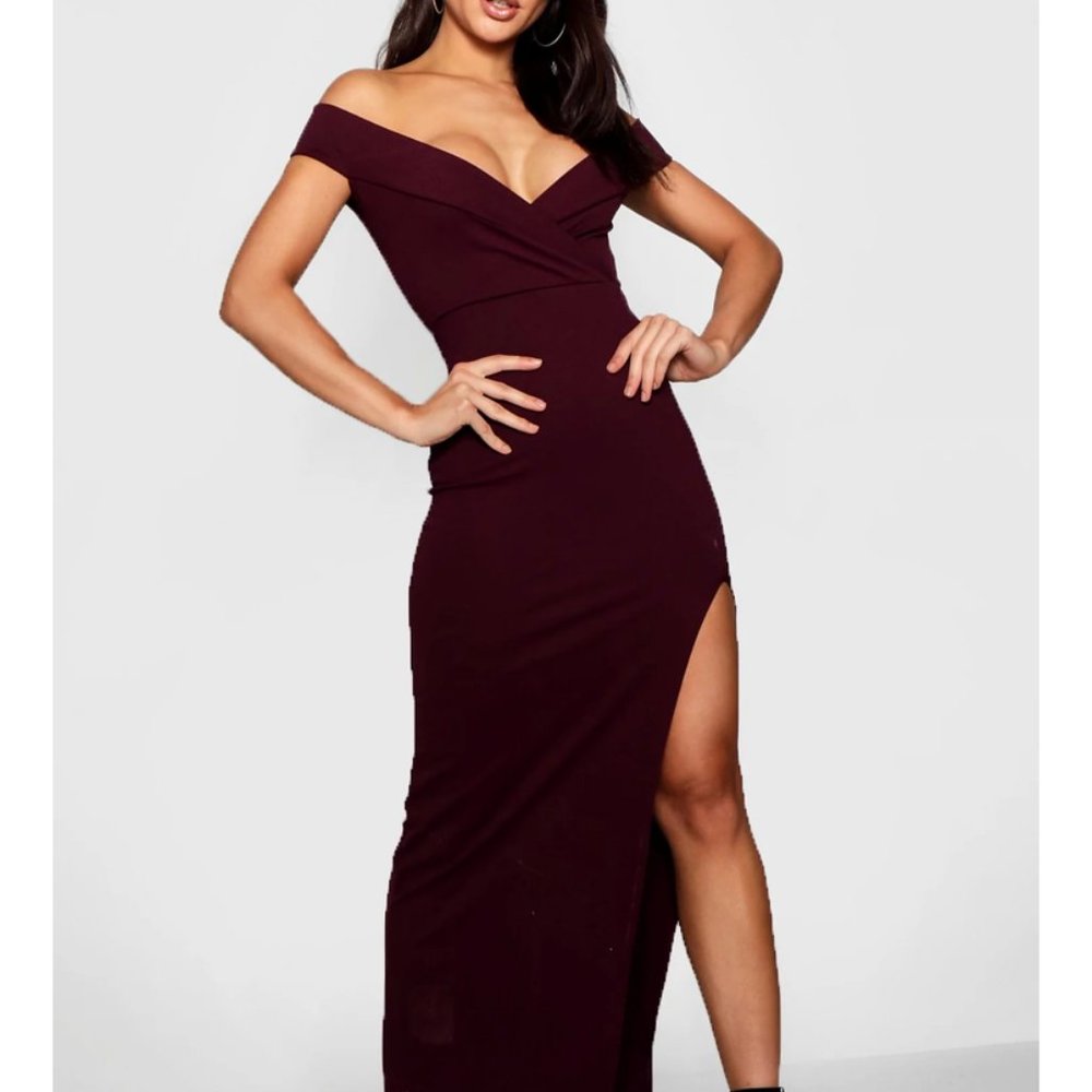 Boohoo Wrap Off The Shoulder Maxi Bridesmaid Dress - Burgundy